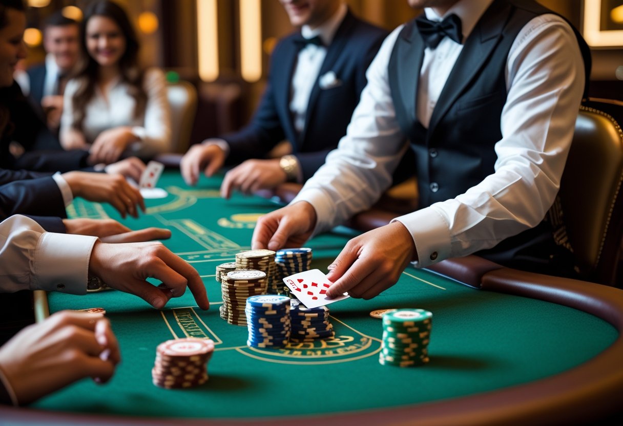 A live blackjack game with players and a dealer at a green casino table, showing cards and chips.
