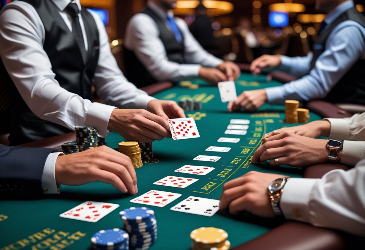A dealer deals cards to players around a blackjack table with chips and cards on a green felt surface.