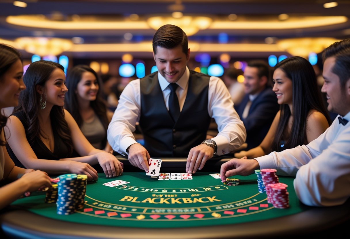 A dealer and players engaged in a live blackjack game around a green felt table with cards and poker chips.