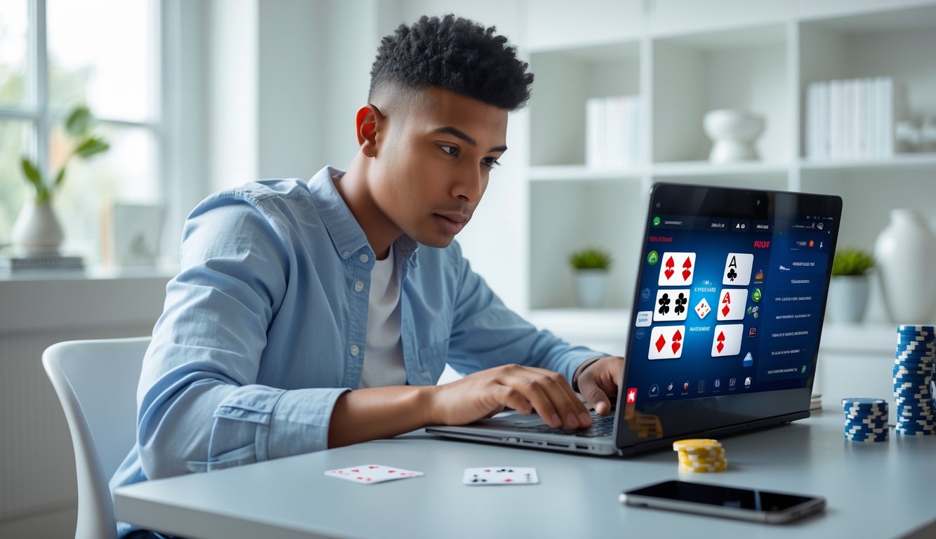 Seorang pria muda duduk di meja dengan laptop, fokus bermain mini poker online di ruangan yang terang dan rapi.