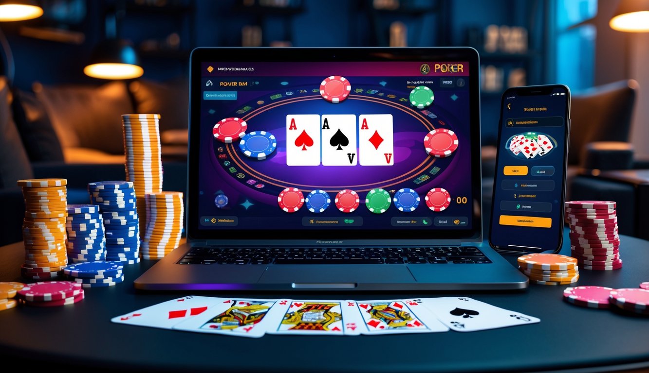 Sebuah meja dengan laptop yang menampilkan permainan poker online, dikelilingi oleh chip poker dan kartu remi di ruangan modern.