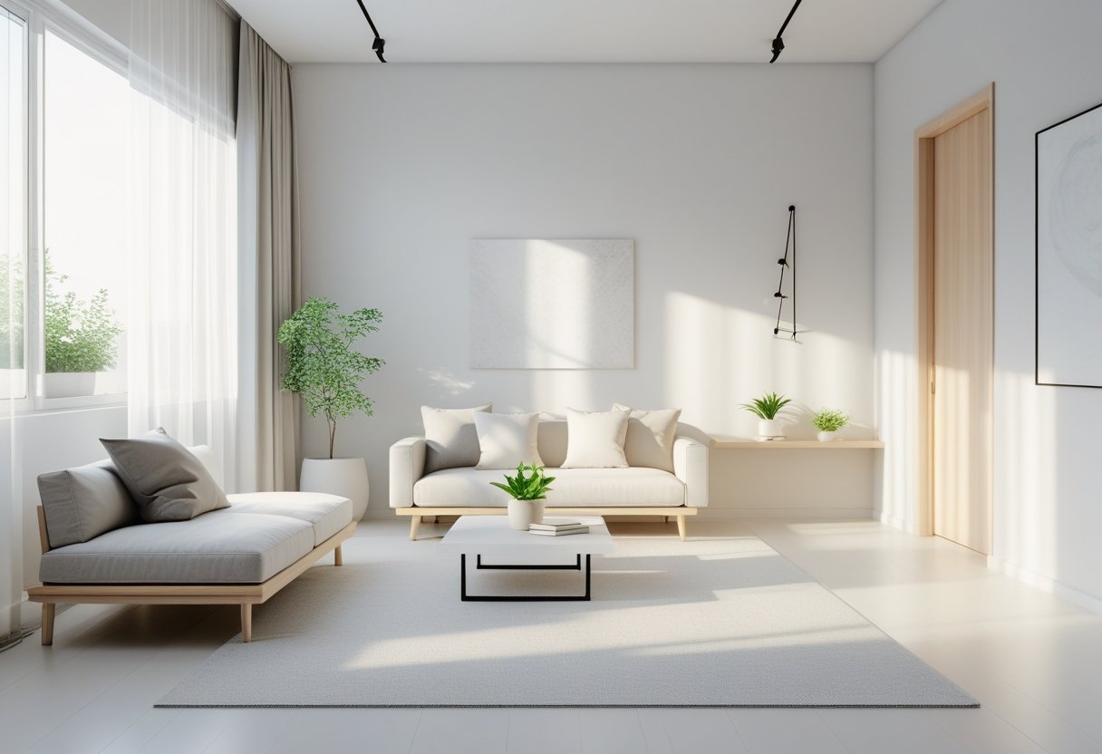 A bright and spacious living room with minimal furniture, natural light, and simple decor creating an open and calm atmosphere.