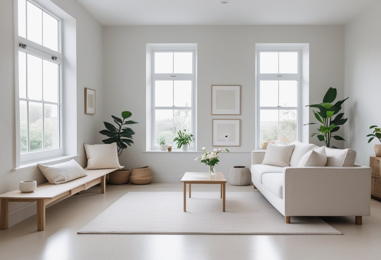 A bright living room with minimal furniture, natural light, and a few plants creating an open and calm space.