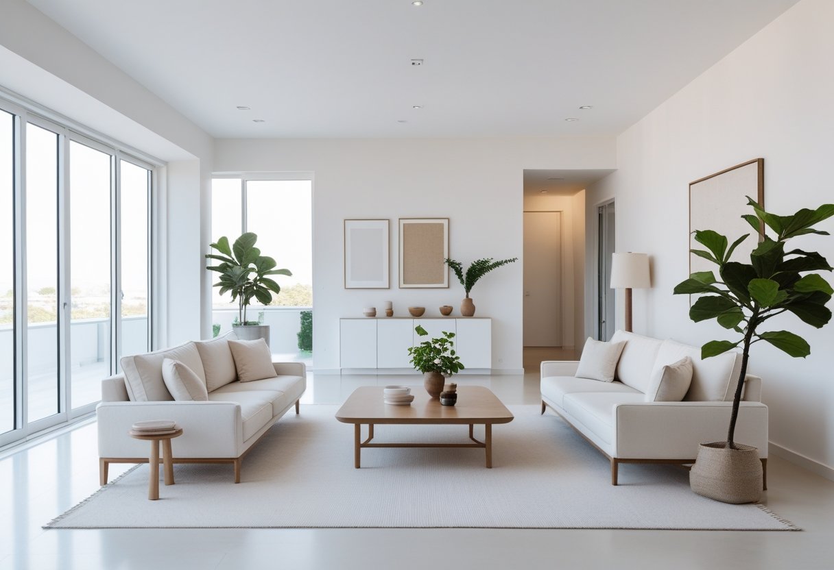 A bright living room with minimal furniture, large windows, and open space filled with natural light.