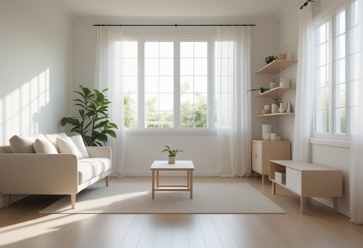 A bright living room with minimal furniture and natural light, showing a calm and uncluttered home space.