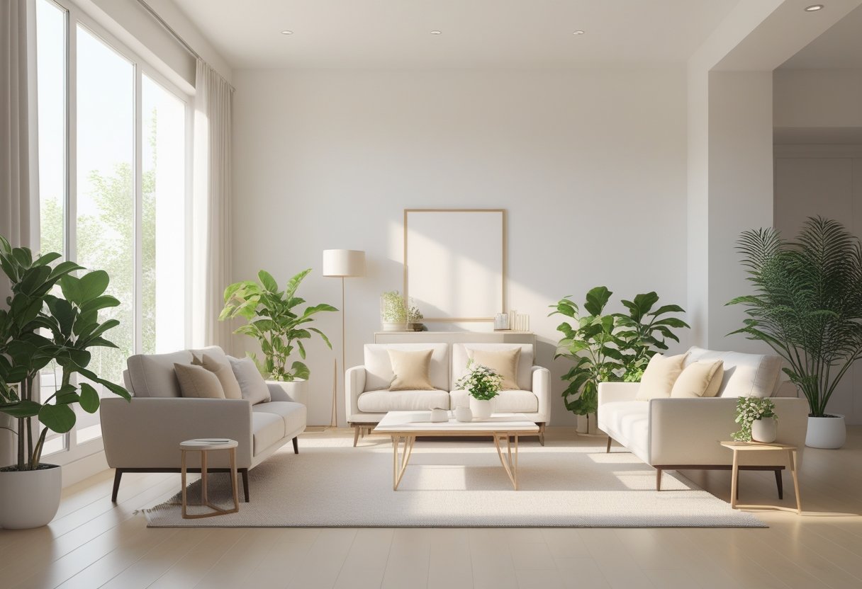 A bright, minimalist living room with natural light, simple furniture, and plants creating an open and calm atmosphere.