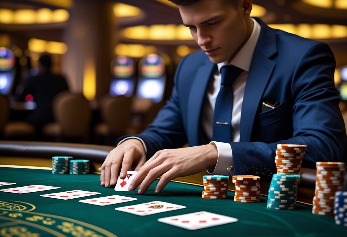 A person sitting at a blackjack table in a casino, focused on the cards and chips in front of them.