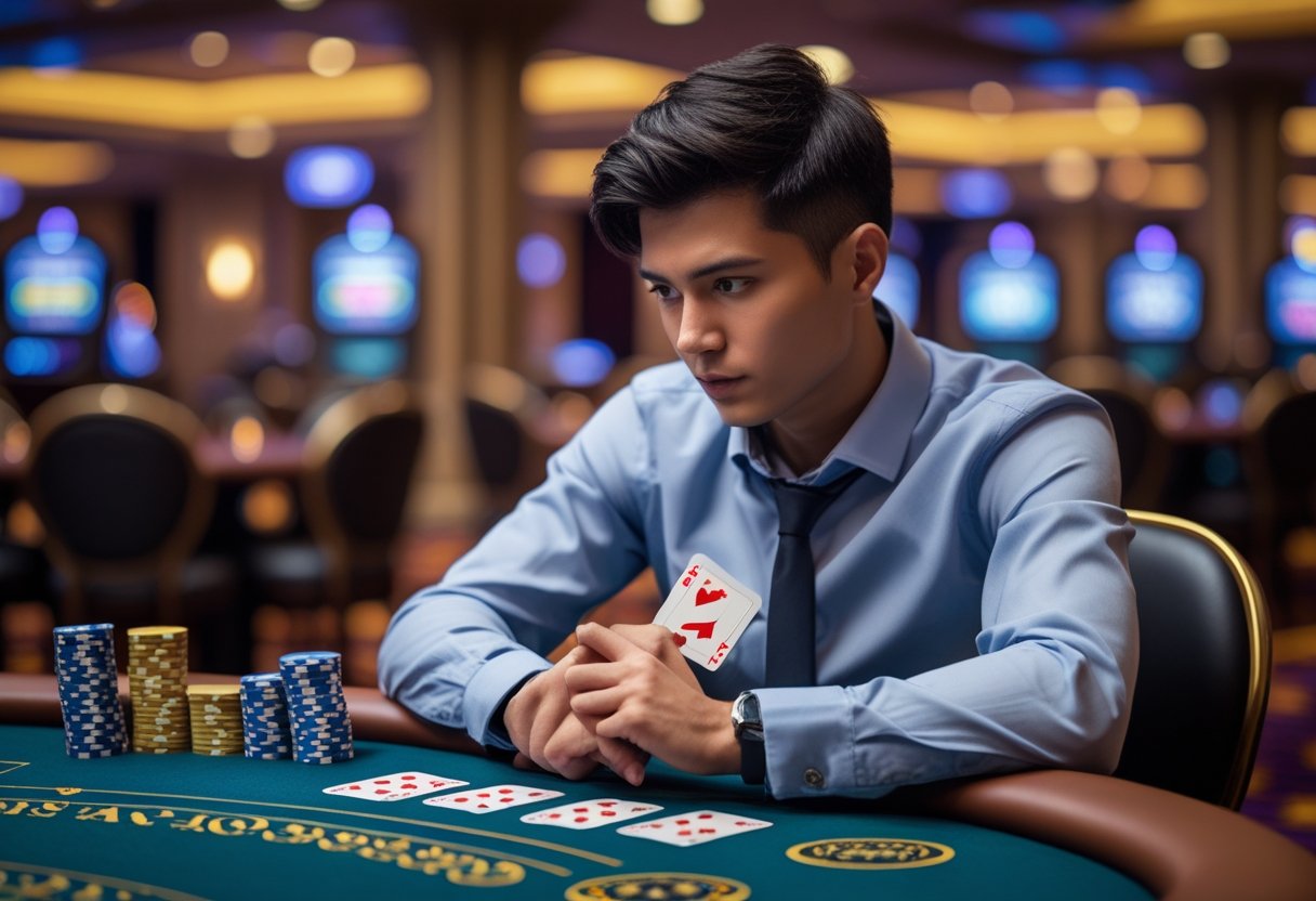 A person sitting at a casino table holding playing cards and poker chips, appearing focused and thoughtful.