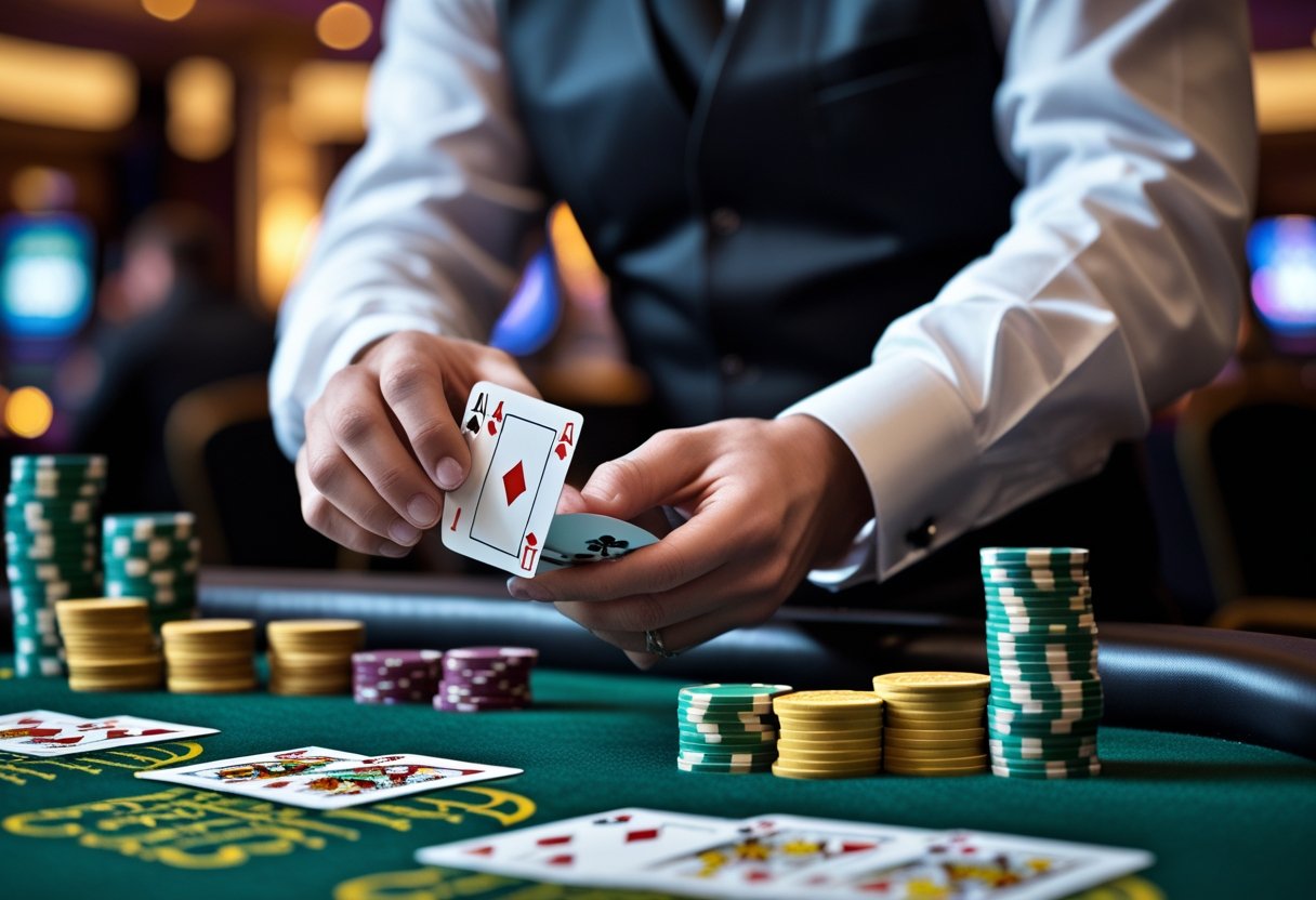 A close-up of a blackjack table with a dealer and player, showing hands holding cards and stacks of chips.