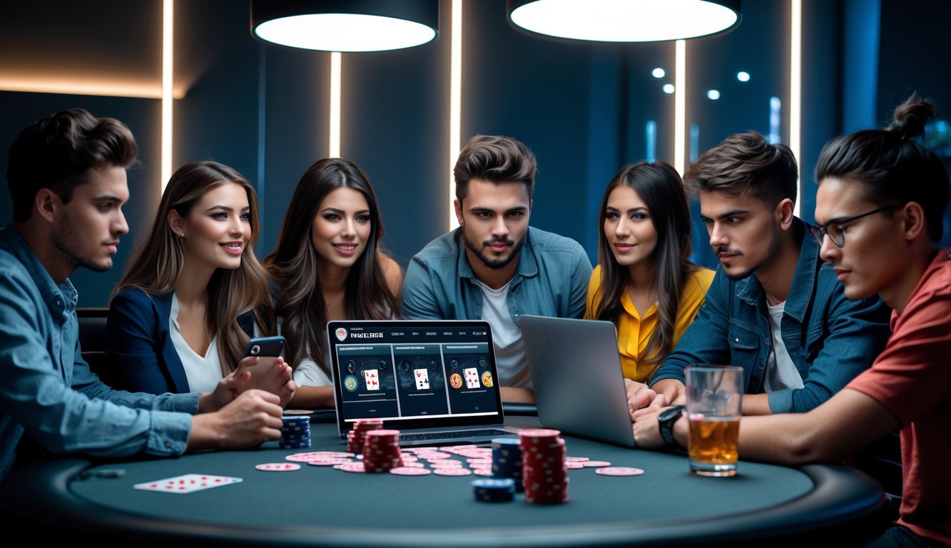 Sekelompok orang muda bermain poker online di meja dengan perangkat digital dan kartu remi.