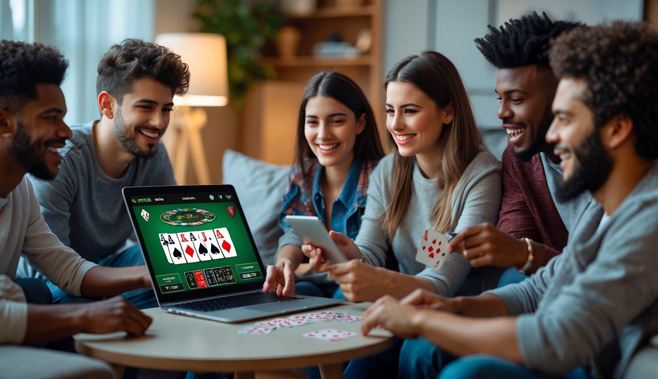 Sekelompok orang muda bermain poker online bersama di ruang tamu yang nyaman dengan laptop terbuka menampilkan permainan kartu.