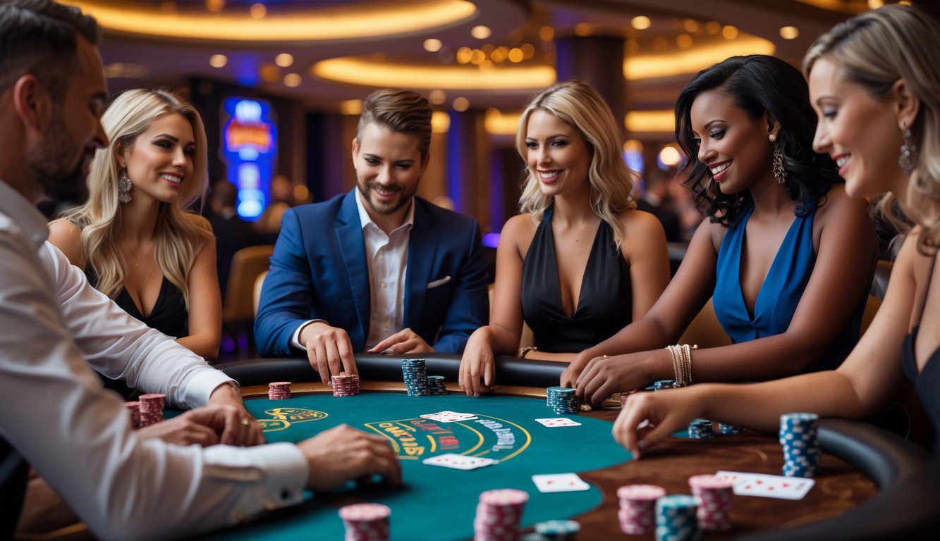 Beberapa orang dewasa bermain poker di meja kasino yang mewah dengan suasana yang hangat dan ceria.