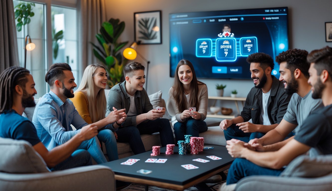 Sekelompok orang muda bermain poker online secara langsung di ruang tamu yang nyaman.