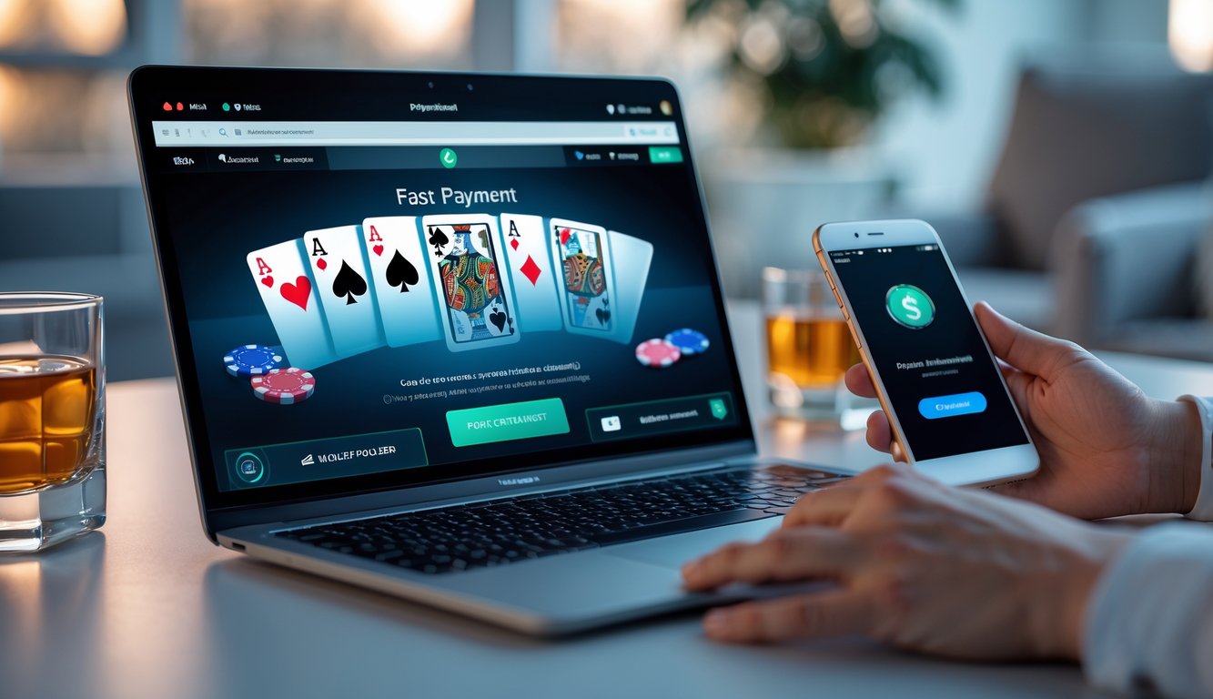 Seorang pemain poker online menggunakan laptop dan ponsel di meja kerja dengan suasana nyaman dan pencahayaan lembut.