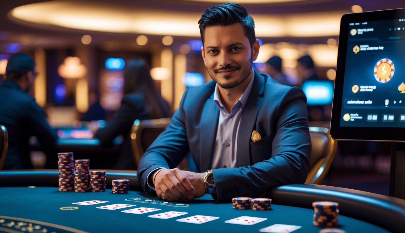 Seorang pria duduk di meja poker dengan kartu dan chip, tampak fokus bermain poker di suasana kasino.