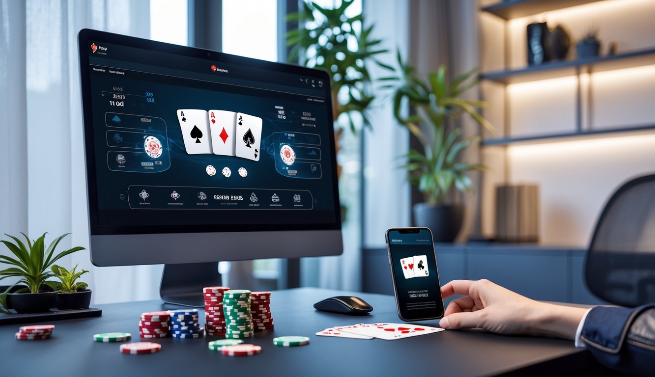 Sebuah ruangan modern dengan meja komputer yang menampilkan permainan poker online, dilengkapi dengan chip poker dan kartu di atas meja.