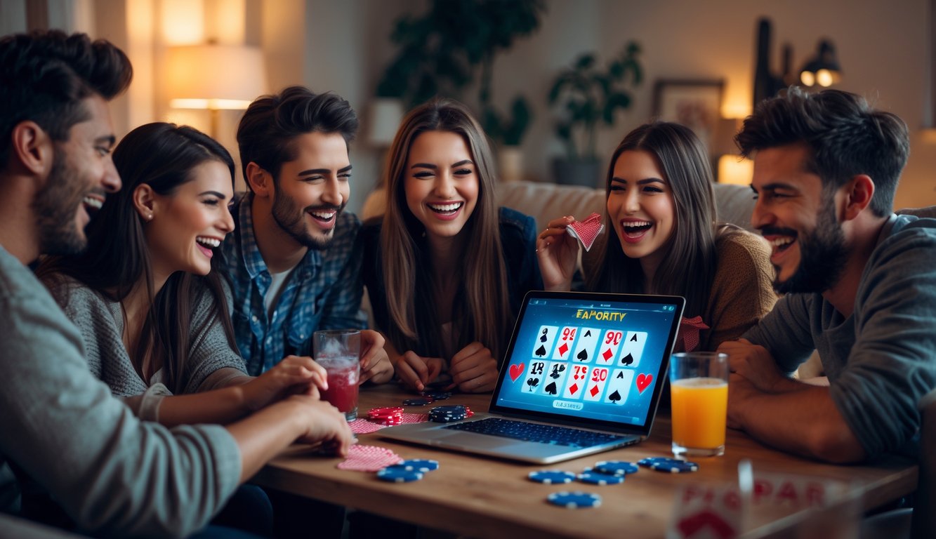 Sekelompok orang muda sedang bermain poker online bersama di ruang tamu yang nyaman, tertawa dan bersenang-senang di sekitar laptop.