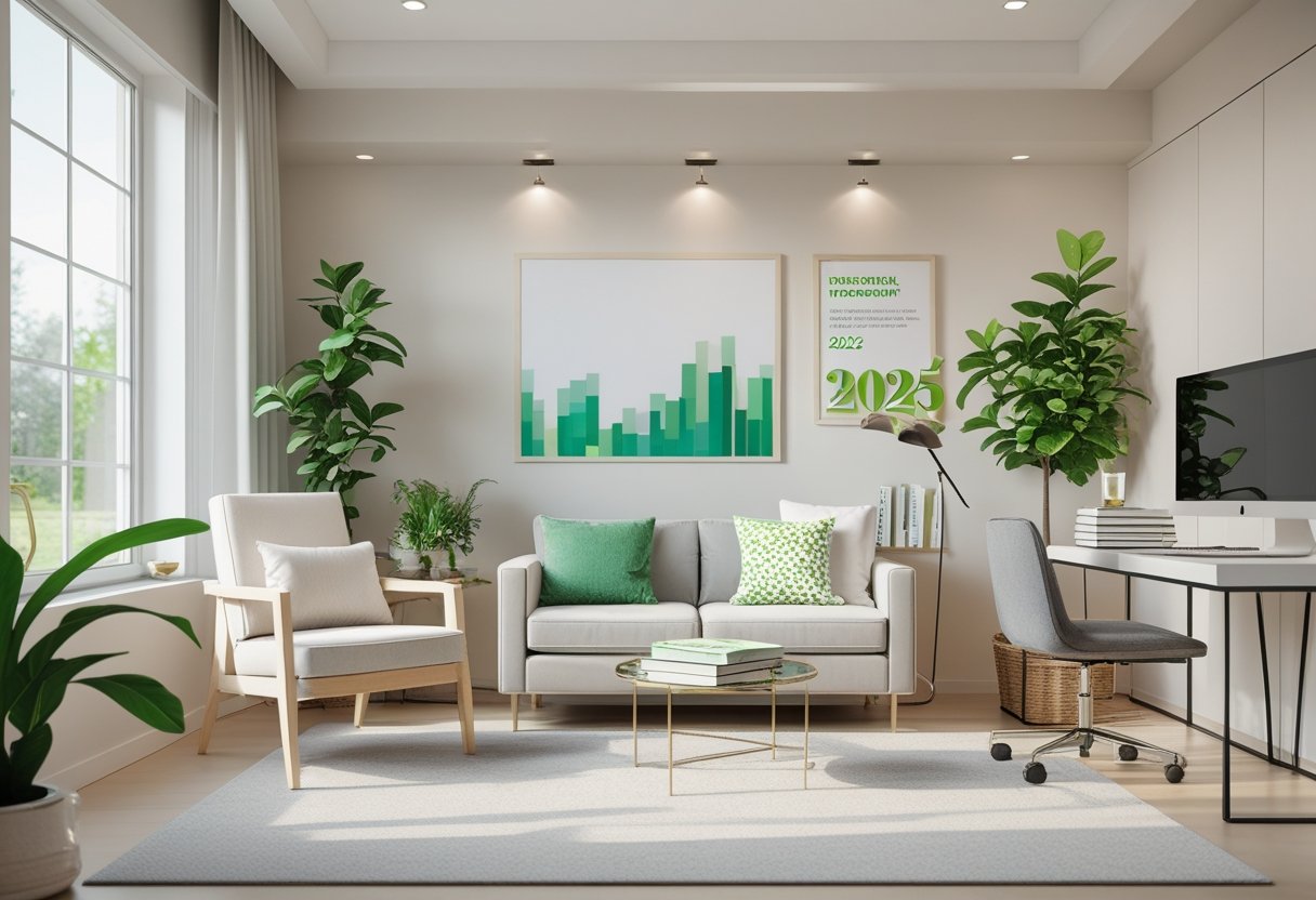 A modern living room with natural light, a comfortable armchair, plants, and a desk with a laptop, creating a calm and organized space.