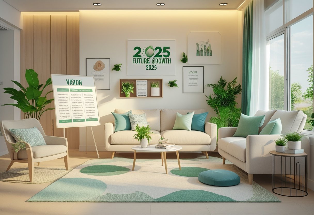 A sunlit modern living room with comfortable furniture, plants, and a reading nook, designed to inspire personal growth and future goals.