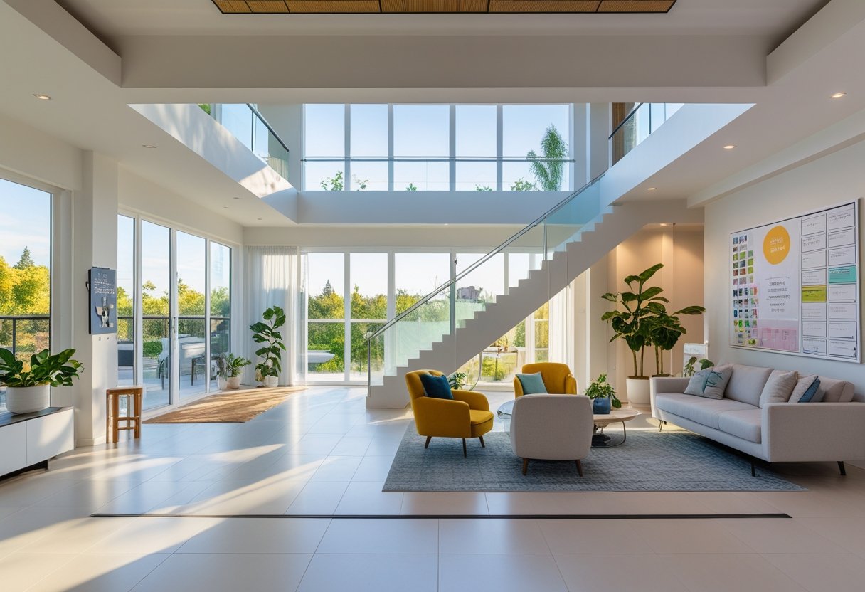 A bright, modern open-plan home interior with large windows, a staircase, a reading nook, and a workspace area.