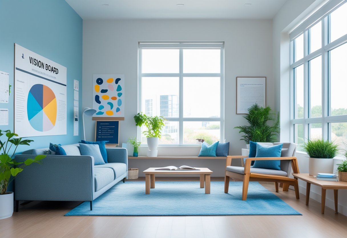 A bright living room with modern furniture, plants, and a cozy reading nook filled with books.