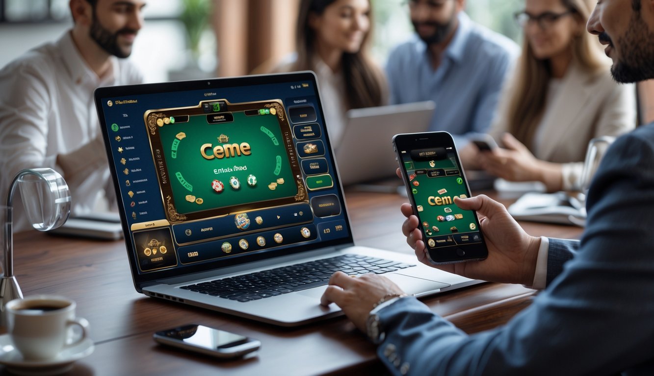 Orang-orang menggunakan laptop dan ponsel untuk bermain permainan Ceme online di meja kerja yang rapi dan nyaman.