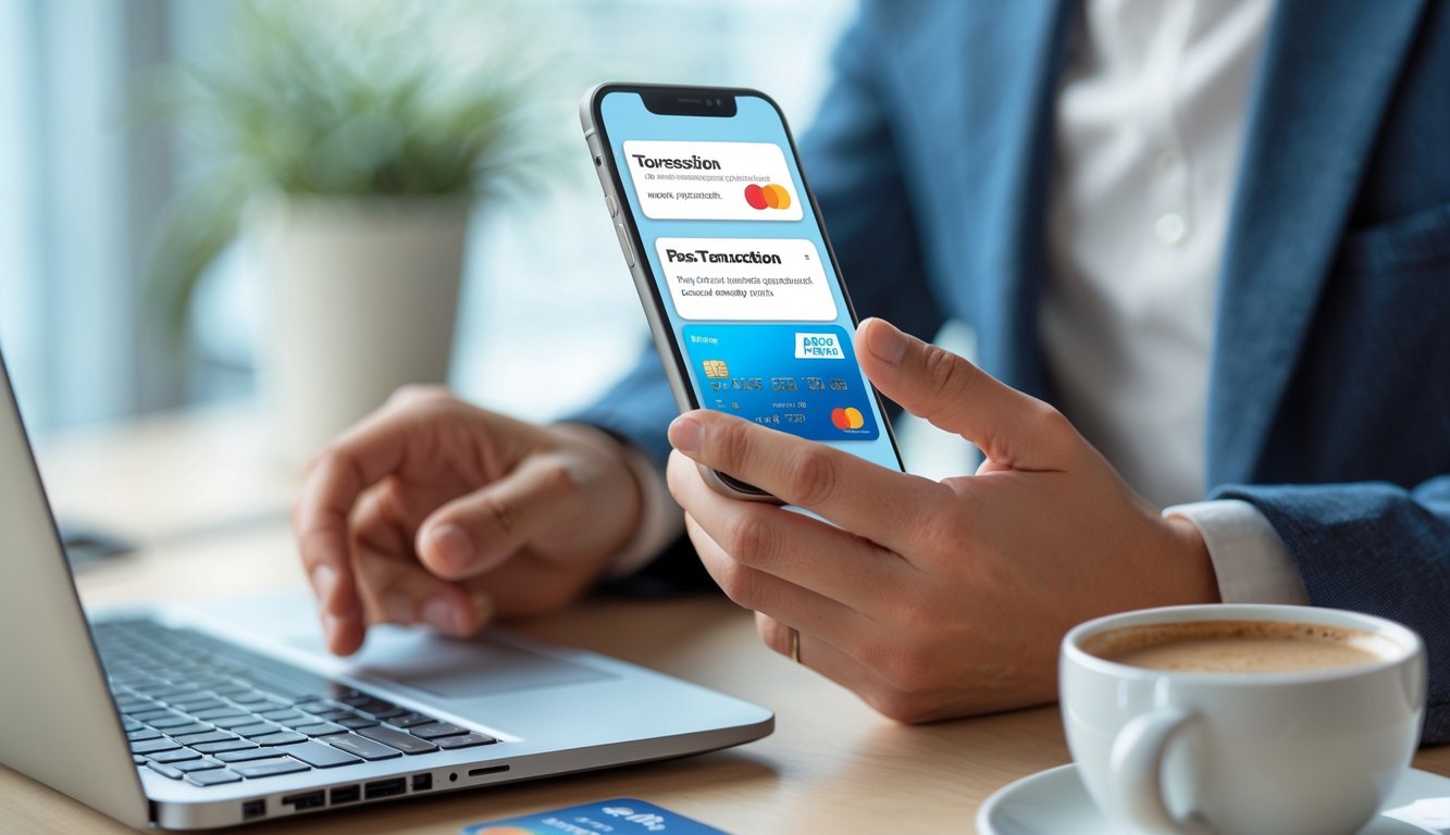 Seseorang menggunakan ponsel untuk melakukan pembayaran online dengan cepat di meja kerja.