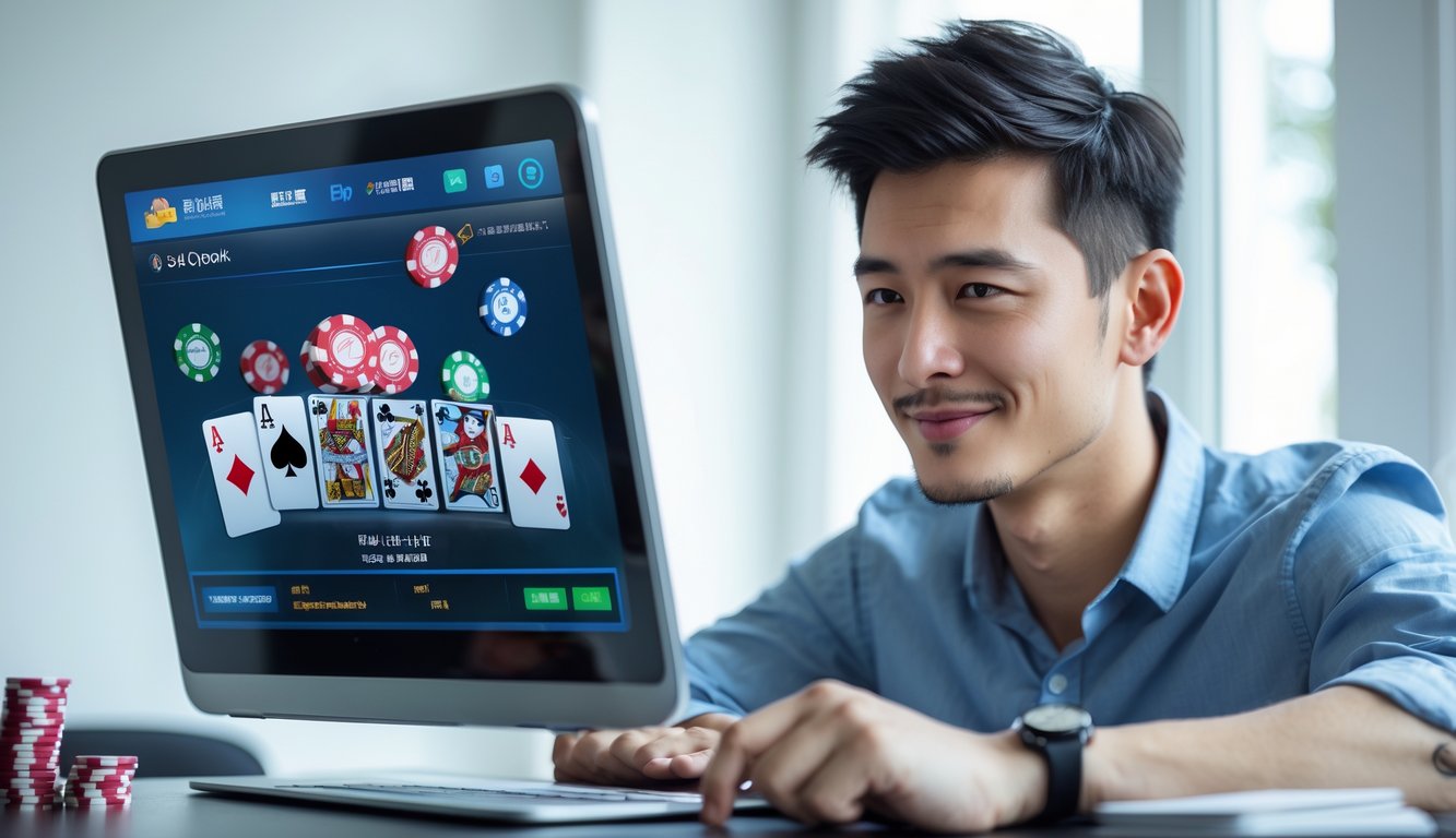 Seorang pria muda duduk di meja dengan laptop yang menampilkan permainan kartu digital, tampak fokus dan percaya diri.