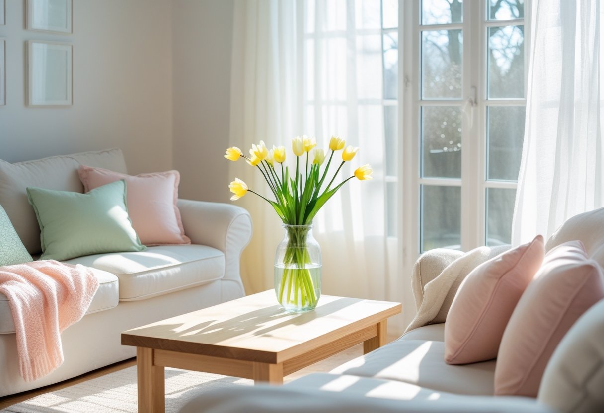 A bright living room with neutral furniture and pastel-colored cushions and flowers, illuminated by natural sunlight.
