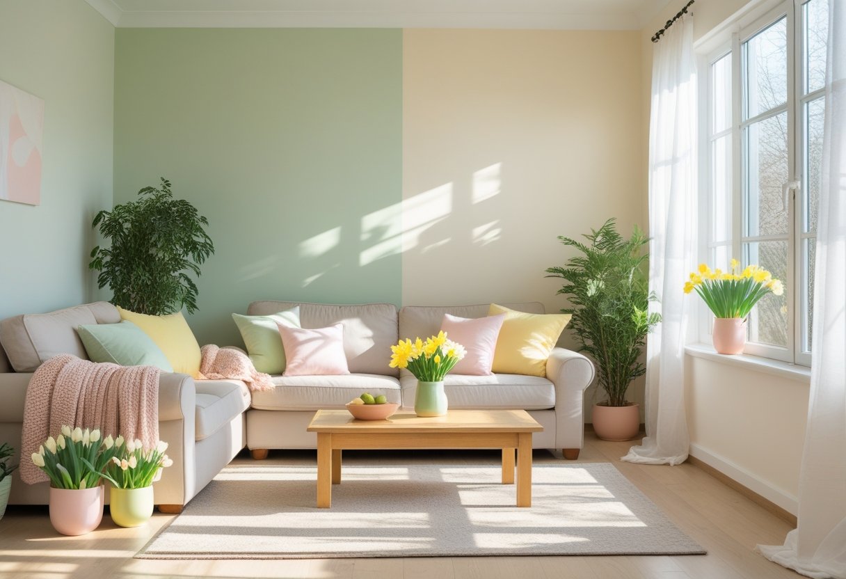 A sunlit living room with pastel-colored walls, light furniture, green plants, and fresh spring flowers on a wooden coffee table.