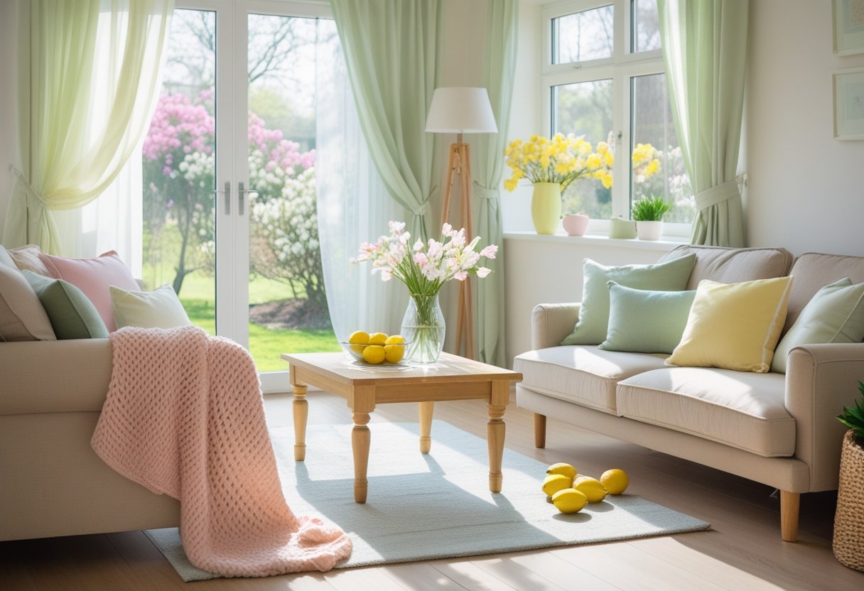 A bright living room with pastel cushions, fresh flowers on a coffee table, and a window showing a blooming garden outside.