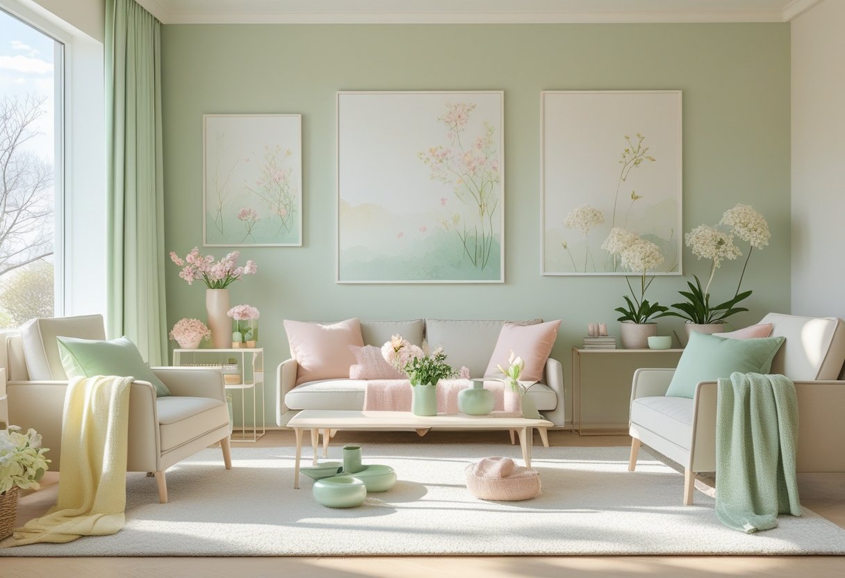 A bright living room with pastel-colored pillows, vases, plants, and floral artwork, creating a fresh spring atmosphere.