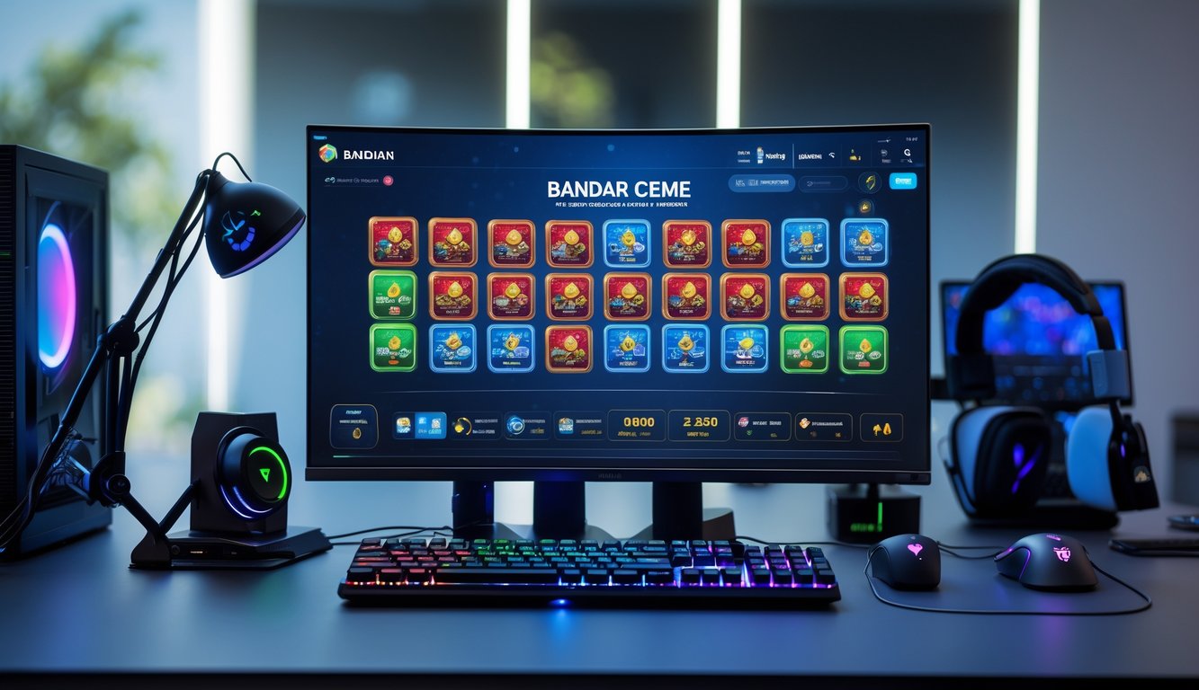 Sebuah meja komputer dengan layar menampilkan permainan kartu online Bandar Ceme, dilengkapi dengan keyboard dan mouse gaming.