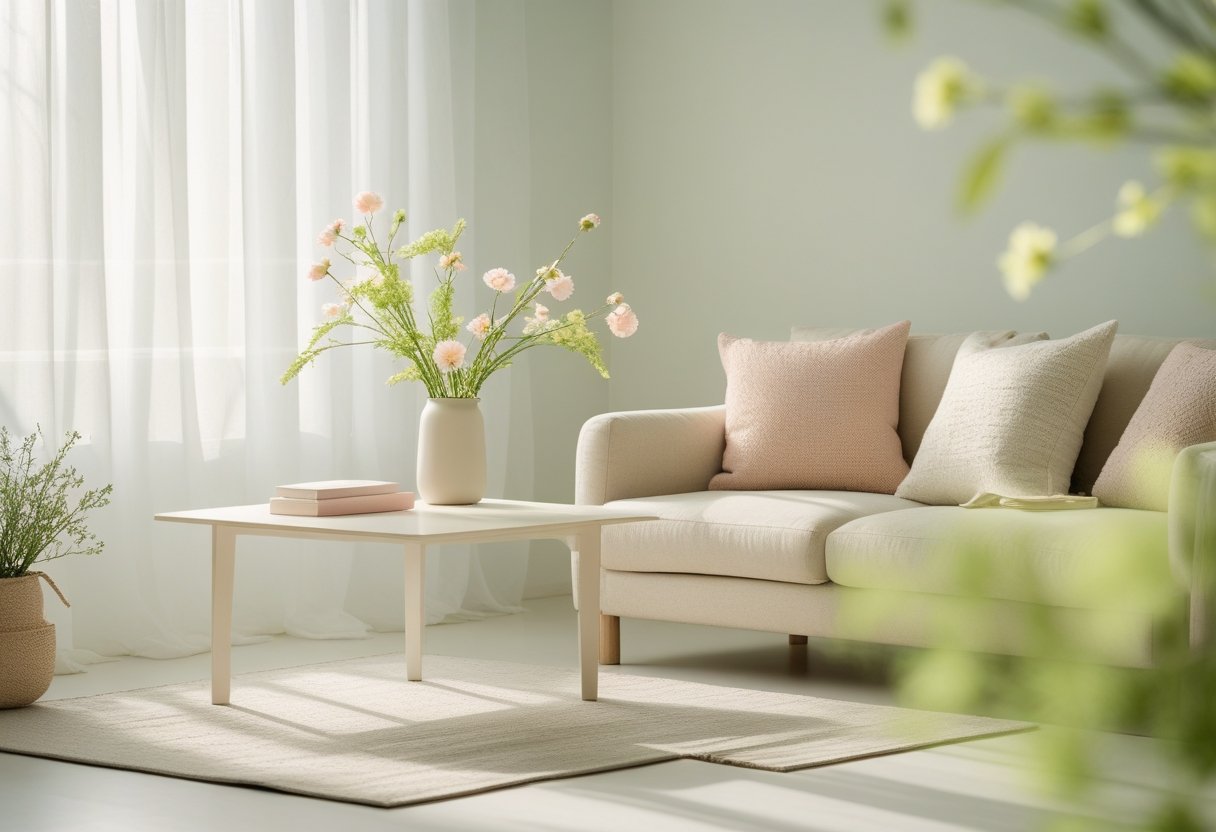 A peaceful living room with soft pastel colors, natural light, and simple decorations including flowers and greenery.