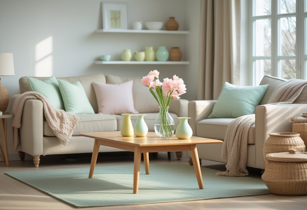 A cozy living room with neutral walls and soft natural light, decorated with pastel-colored cushions, flowers, and vases that add subtle spring tones.