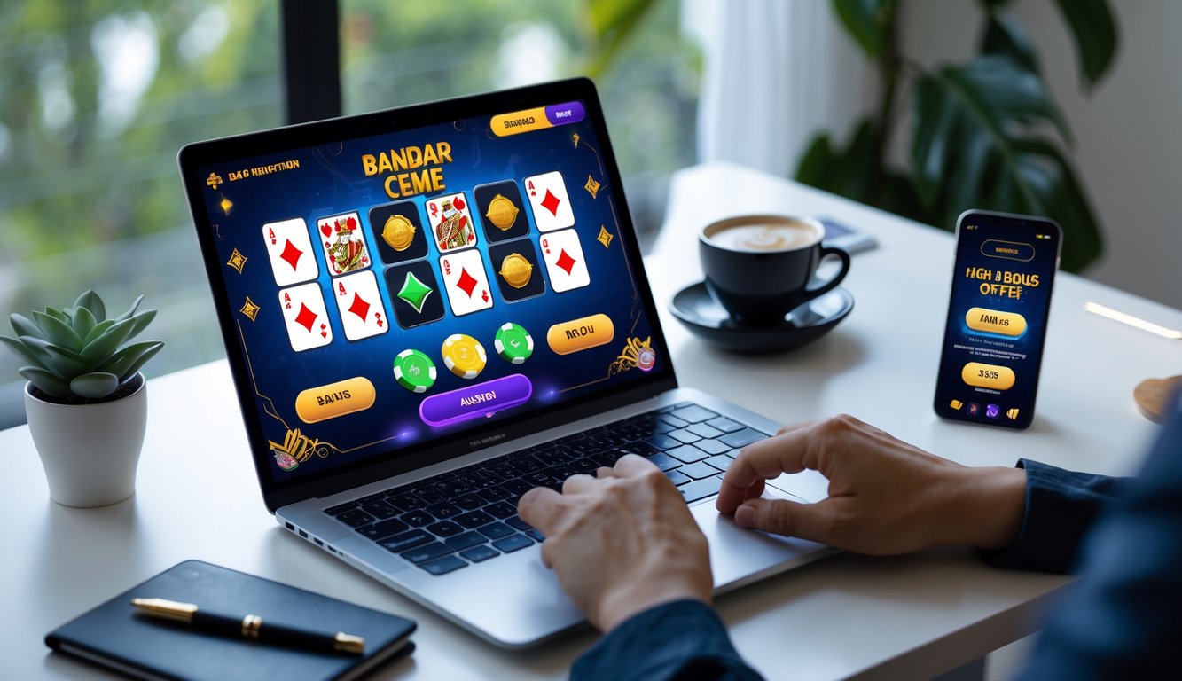 Seseorang bermain permainan kartu Bandar Ceme online di laptop dengan ponsel yang menunjukkan bonus menarik di meja kerja yang rapi.
