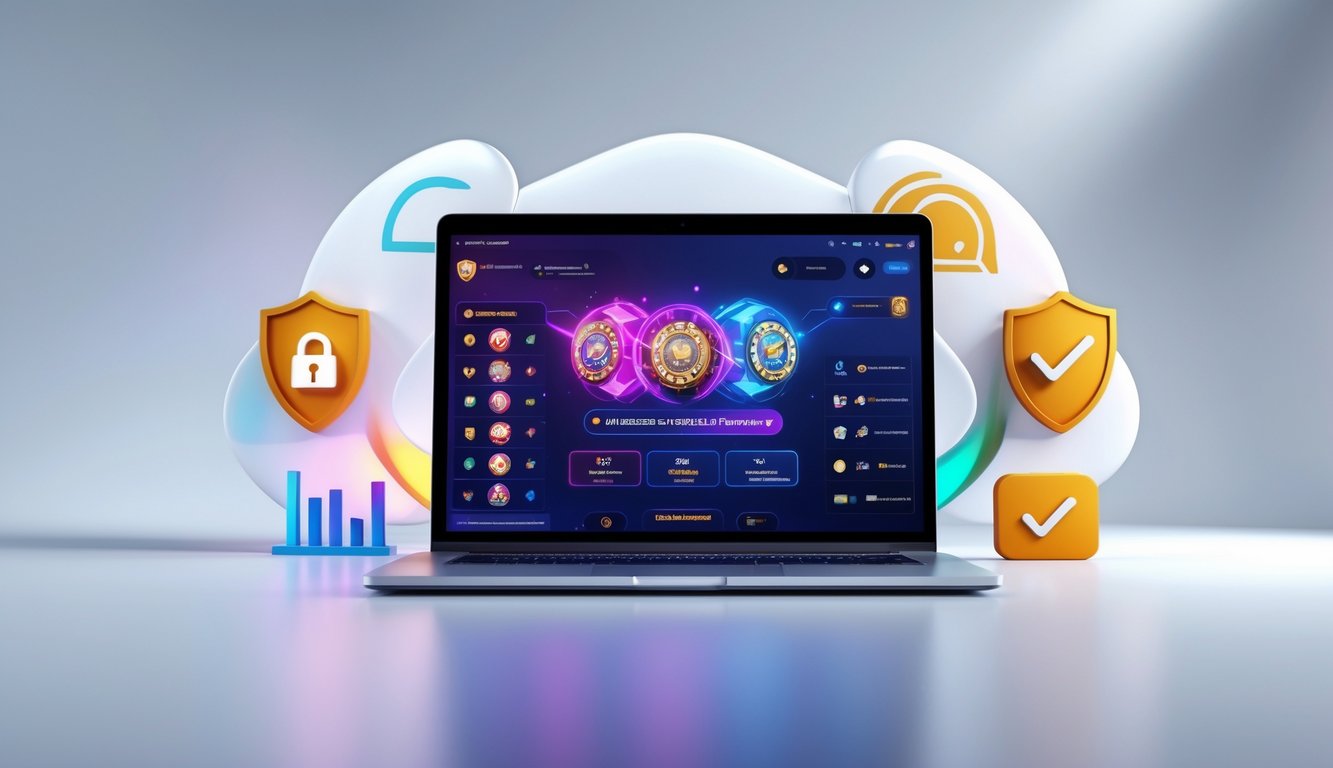 Seseorang menggunakan laptop atau ponsel untuk bermain permainan kartu Ceme online dengan simbol keamanan di sekitar perangkat.