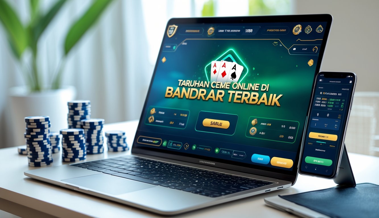 Seseorang menggunakan laptop dengan tampilan permainan kartu ceme online di meja kerja yang rapi.