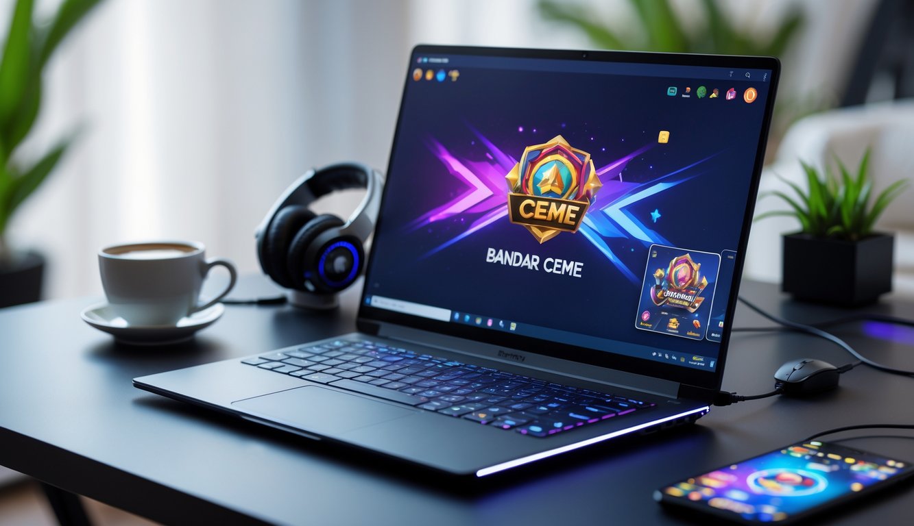 Seorang pria menggunakan laptop dengan tampilan permainan Bandar Ceme online di meja kerja yang rapi dan terang.