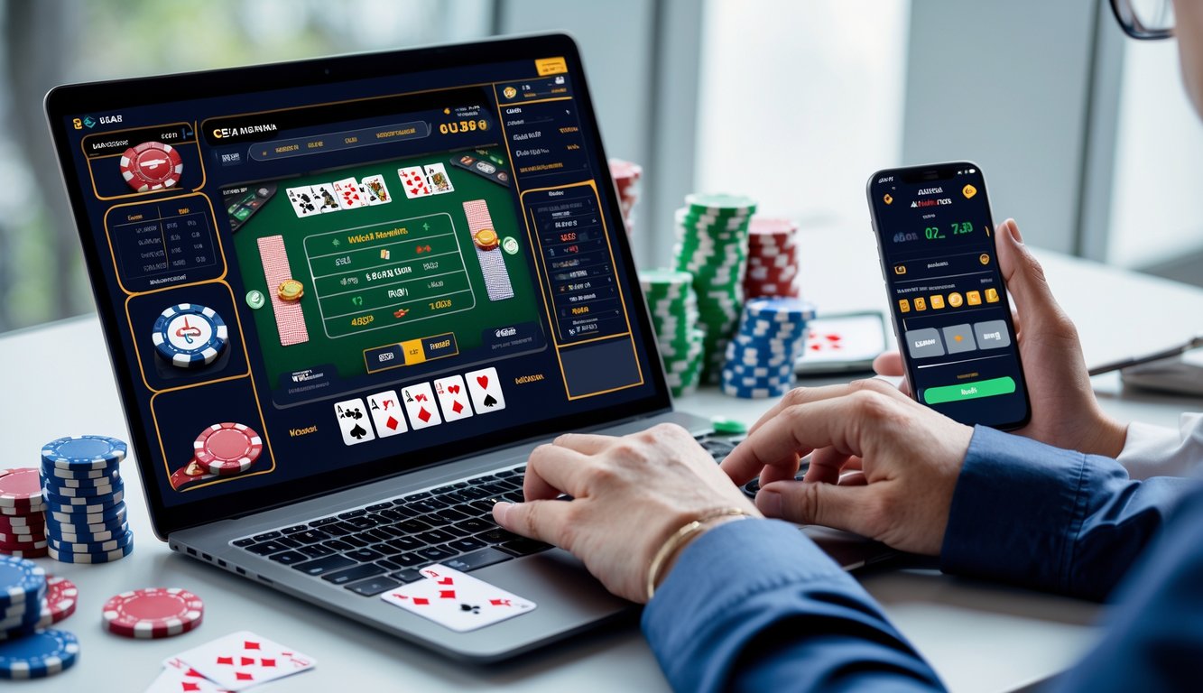 Seseorang sedang menggunakan laptop dan smartphone untuk bermain dan merencanakan strategi permainan Ceme online di meja kerja yang rapi.