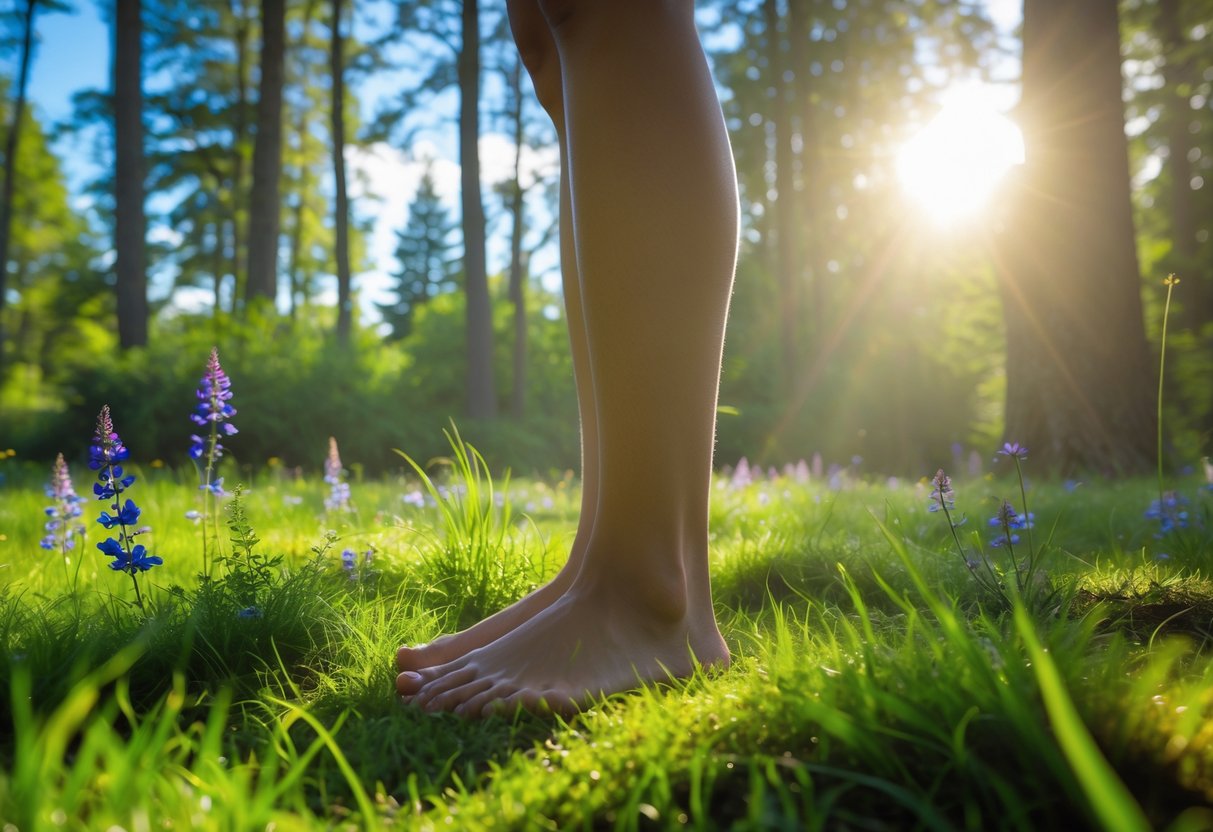 A person standing barefoot on green grass in a sunlit meadow surrounded by trees and wildflowers.