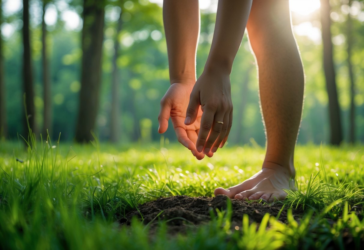 A person standing barefoot on green grass in a forest, touching the earth with their hands.