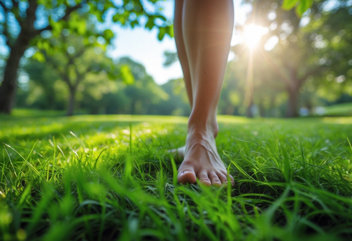 A person standing barefoot on green grass outdoors with eyes closed, surrounded by trees and sunlight.