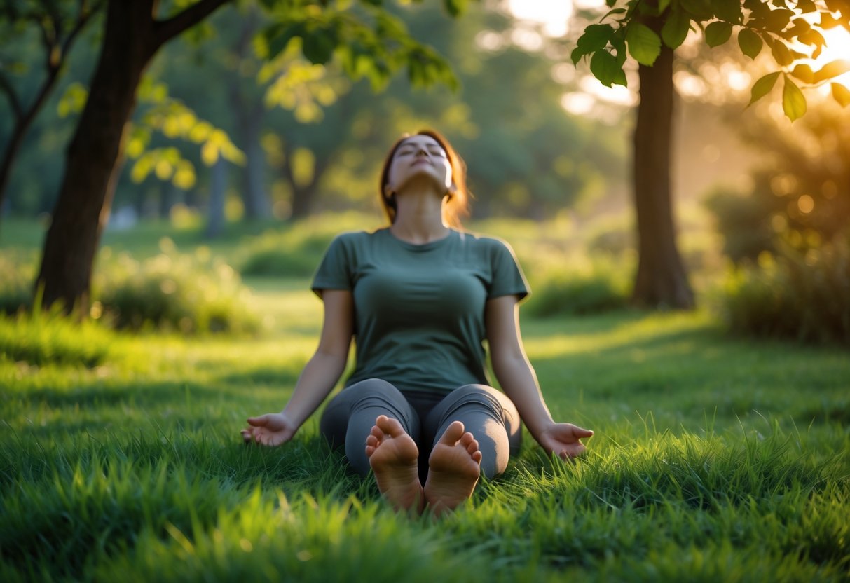A person sitting barefoot on grass outdoors with eyes closed, surrounded by trees and soft sunlight.