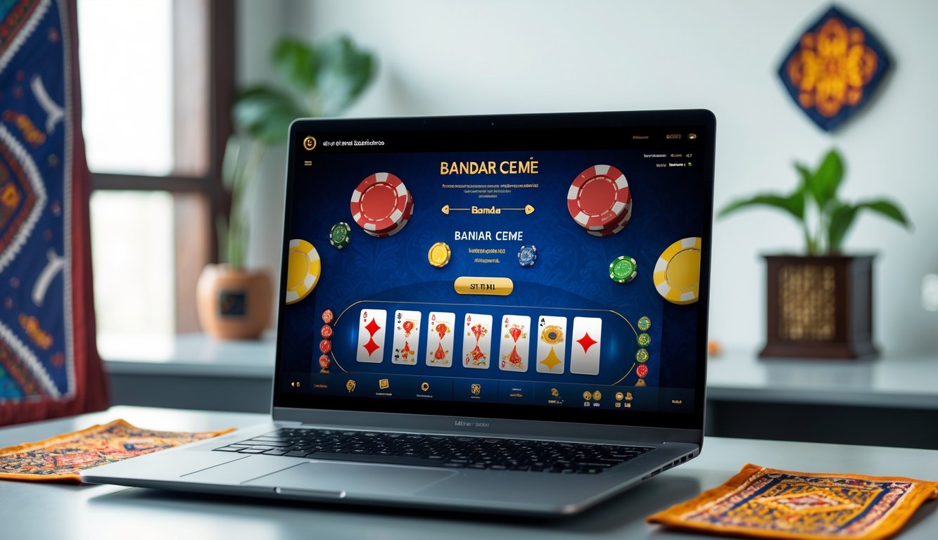 Seorang pria menggunakan laptop dengan tampilan permainan Bandar Ceme online di layar, di meja kerja yang rapi dengan dekorasi sederhana.