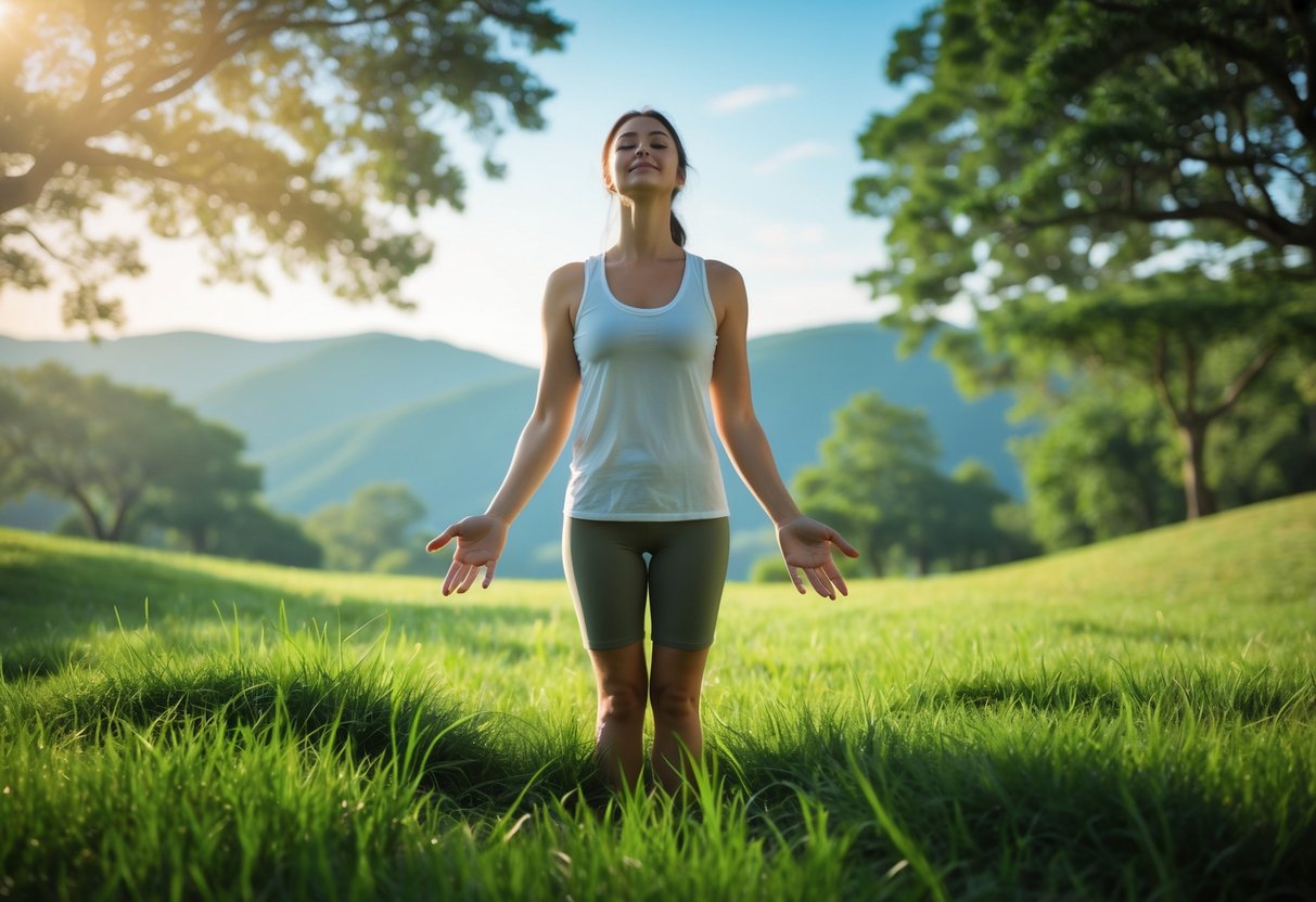 A person standing barefoot on green grass outdoors, eyes closed and touching the earth with their hands, surrounded by trees and sunlight.
