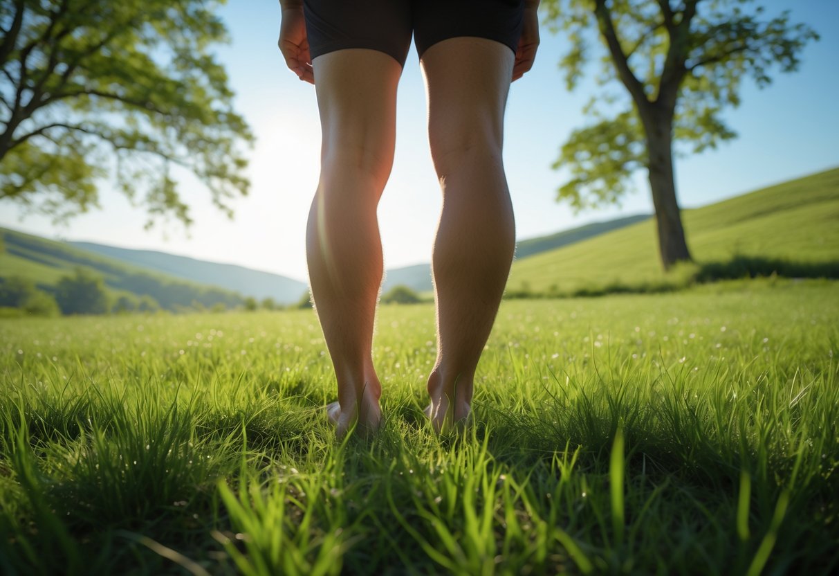 Person standing barefoot on green grass in a sunlit meadow with trees and hills in the background.