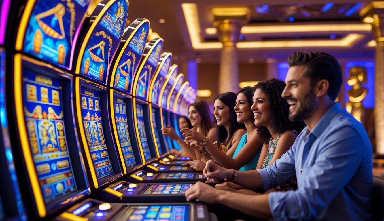 Suasana kasino modern dengan mesin slot bertema Mesir kuno dan pemain yang sedang bermain dengan ekspresi antusias.