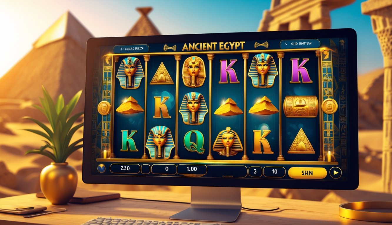Layar perangkat dengan permainan mesin slot bertema Mesir kuno menampilkan simbol seperti scarab emas, topeng firaun, dan piramida.