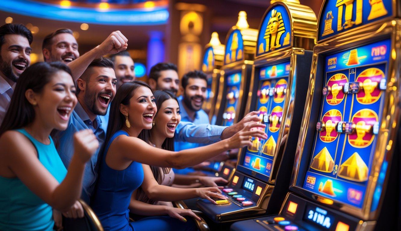 Orang-orang merayakan kemenangan di mesin slot bertema Mesir di kasino yang terang dan ramai.